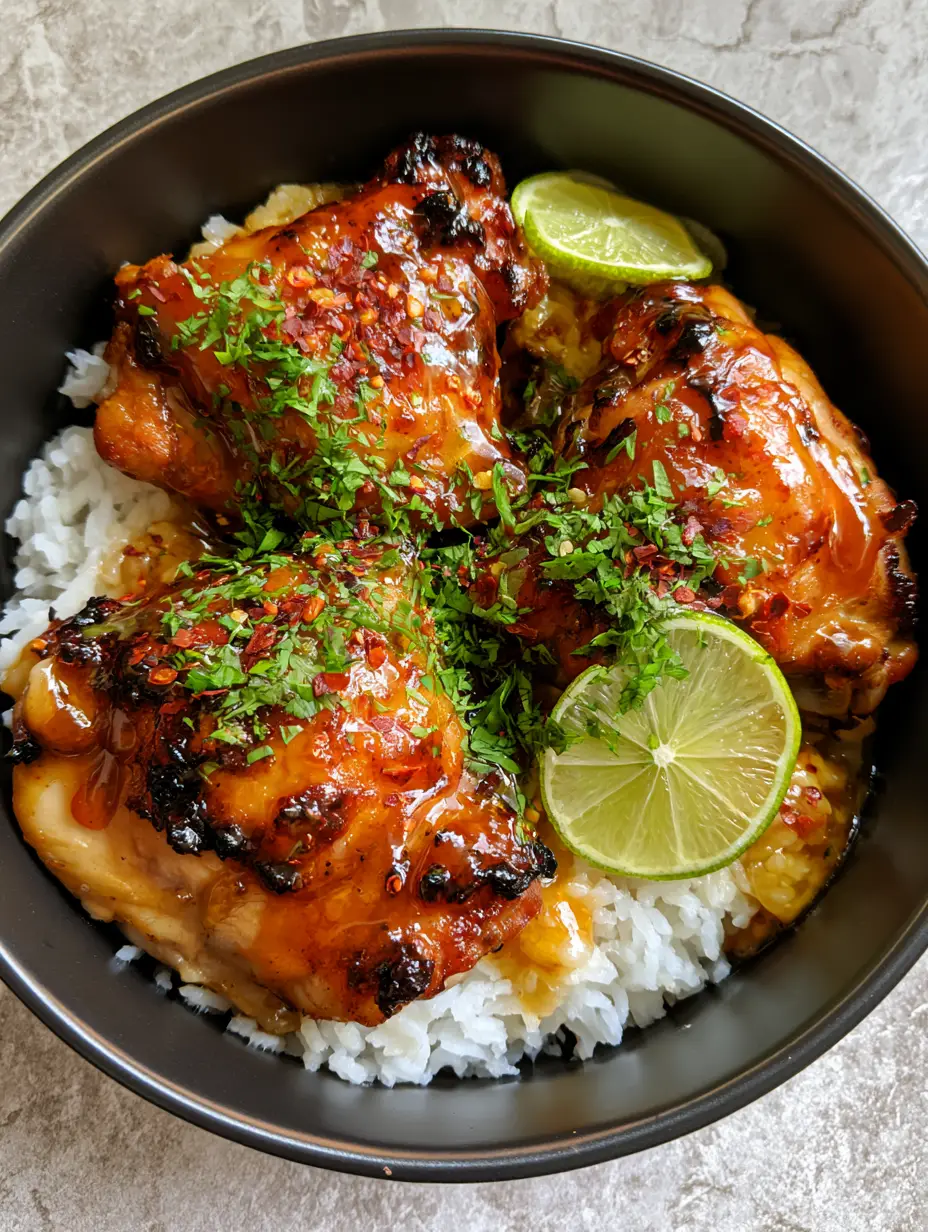 Spicy Honey Lime Chicken Thighs with Fluffy Coconut Rice 3 Overhead shot of pan-seared chicken thighs with amber honey lime glaze and red chili flakes. (Spicy Honey Lime Chicken Thighs)