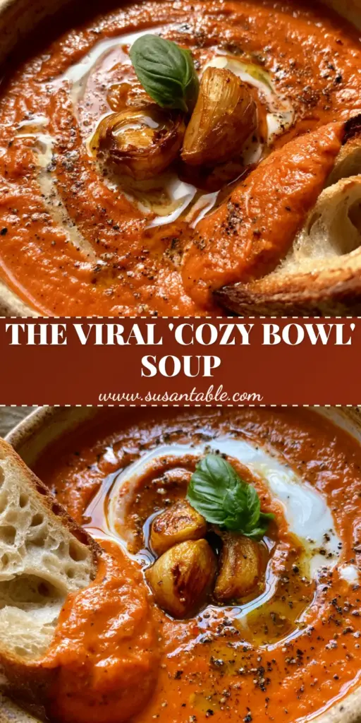 A rustic ceramic bowl of thick roasted tomato soup with a white coconut milk swirl, three jammy garlic cloves, and a sourdough slice. (comforting soups)