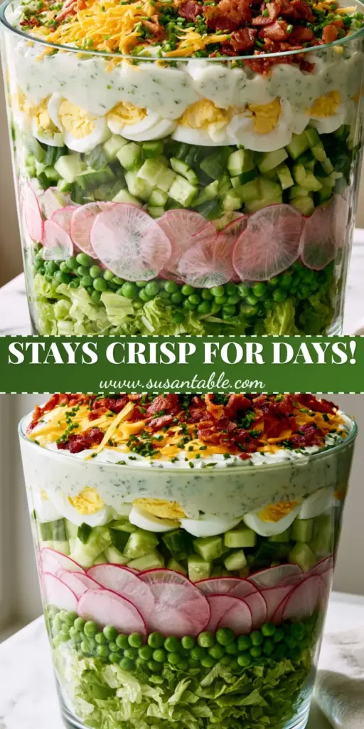 Layered Spring Salad: A Vibrant 7-Layer Trifle Bowl Masterpiece 3 A side-profile shot of a tall clear glass trifle bowl containing a vibrant 7-layer Layered Spring Salad with romaine, peas, radishes, and bacon.