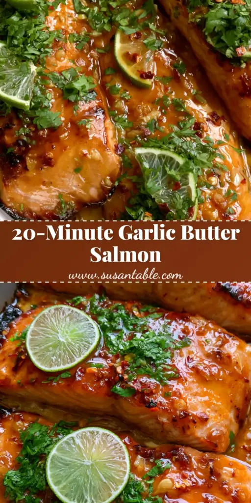A close-up of Honey-Lime Garlic Butter Baked Salmon fillets on a sheet pan with roasted asparagus, garnished with lime wheels and cilantro.