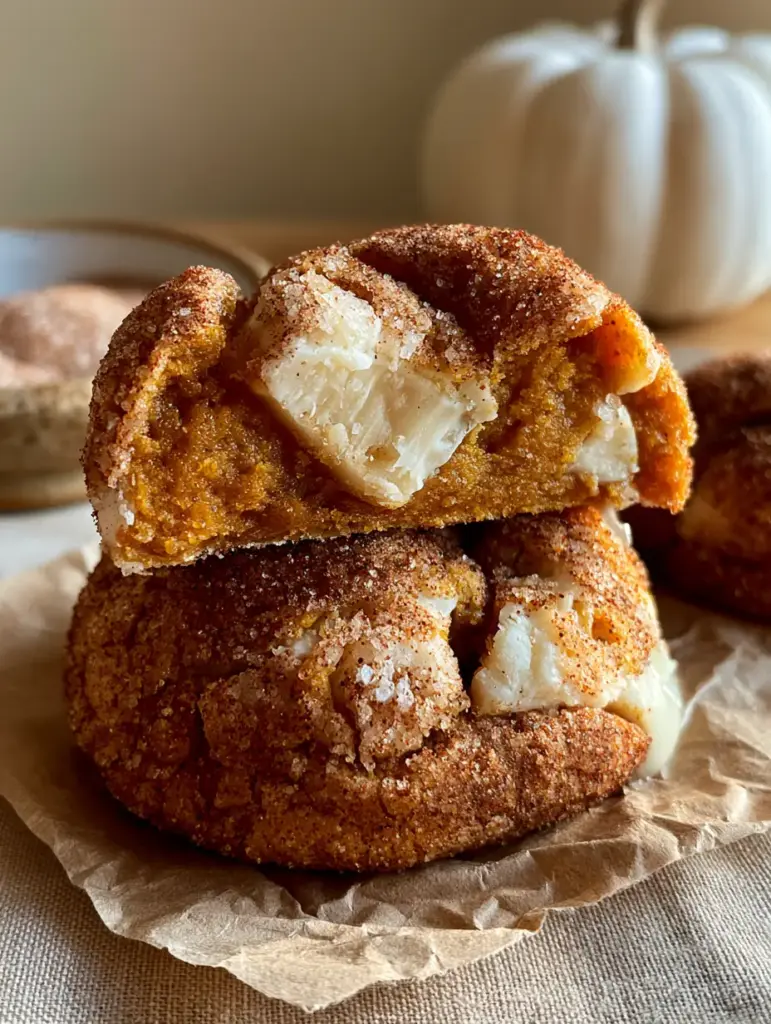 White chocolate pumpkin snickerdoodles with Fudgy Centers 2 Close-up of a broken White chocolate pumpkin snickerdoodle cookie revealing a moist, fudgy orange center and crystalline sugar coating.