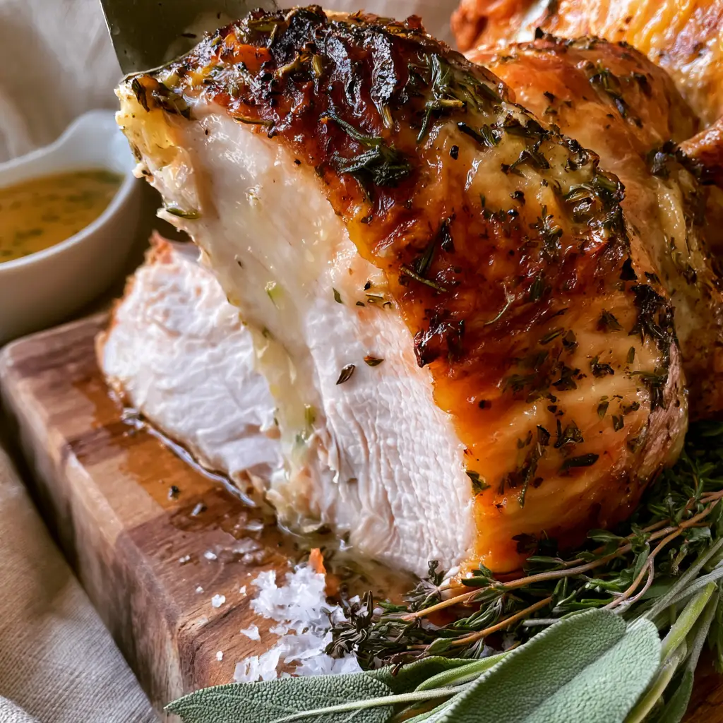 Roasted Turkey Breast with Garlic Herb Butter and Crispy Skin 2 Macro shot of succulent roasted turkey breast slice dripping with clear juices.