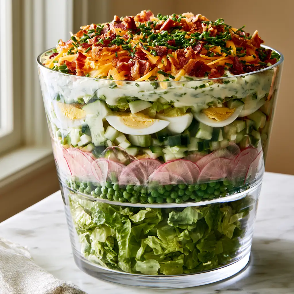 Defined layers of a Layered Spring Salad showing crisp lettuce, peas, and translucent pink radishes.