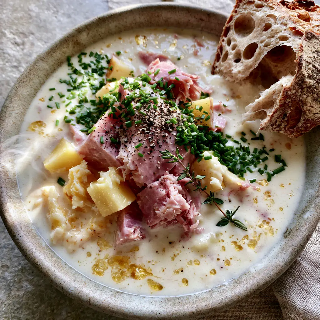 A rustic bowl of Ham Soup next to a piece of torn artisanal sourdough bread showing beautiful air pockets.