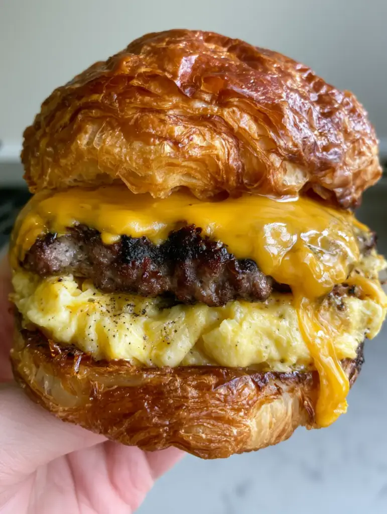 Croissant Breakfast Sandwich: The Ultimate Gourmet Guide to Shattered Flaky Pastry 1 Macro view of melted sharp cheddar oozing down the side of a seared sausage patty in a croissant breakfast sandwich.