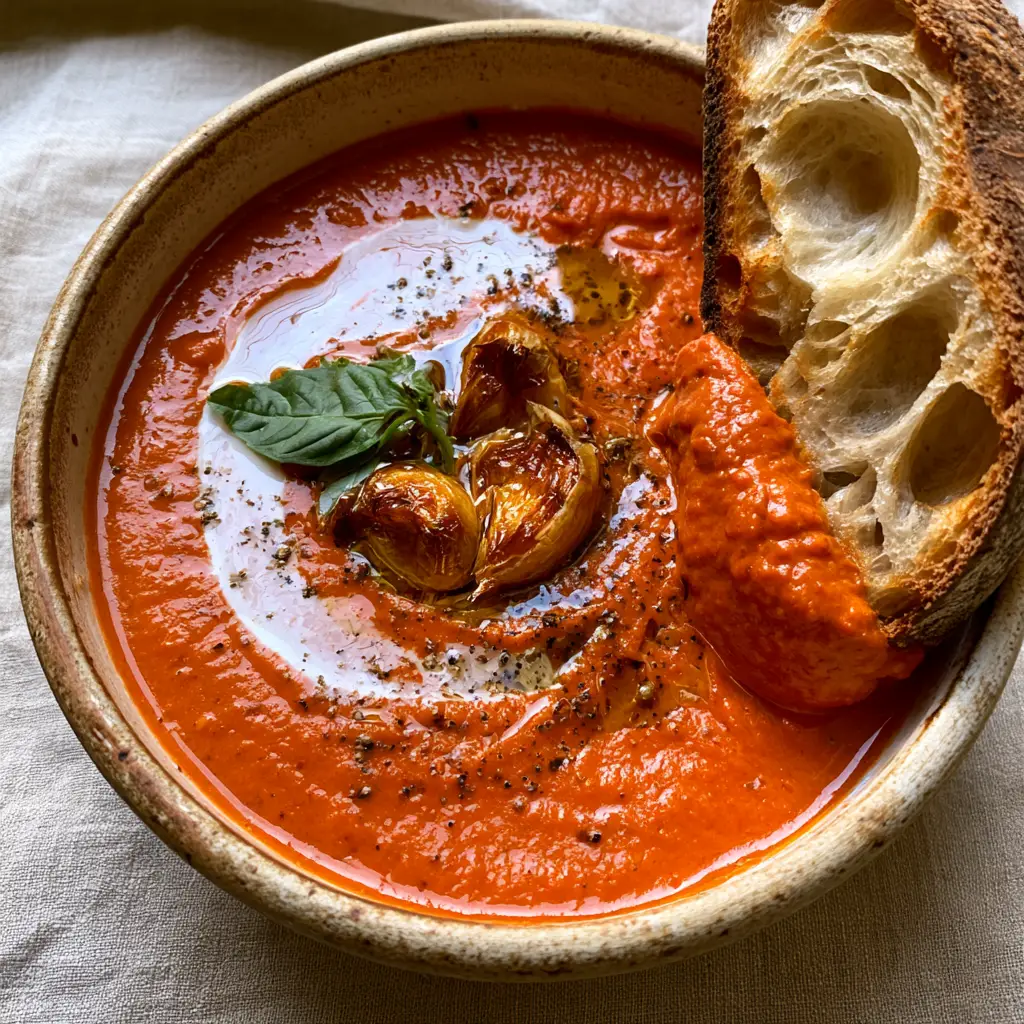 Close up of a sourdough slice dipped into thick tomato soup with roasted garlic cloves.
