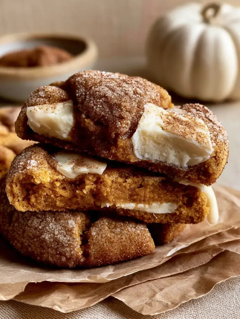 White chocolate pumpkin snickerdoodles with Fudgy Centers 1 Two White chocolate pumpkin snickerdoodles on crumpled brown parchment paper with a mini pumpkin in the blurred background.