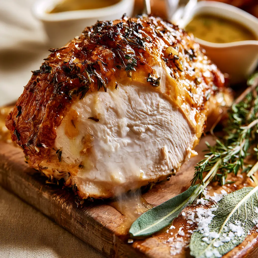 Roasted Turkey Breast with Garlic Herb Butter and Crispy Skin 1 A thick slice of roasted turkey breast being lifted, showing steaming white meat and crackling skin.