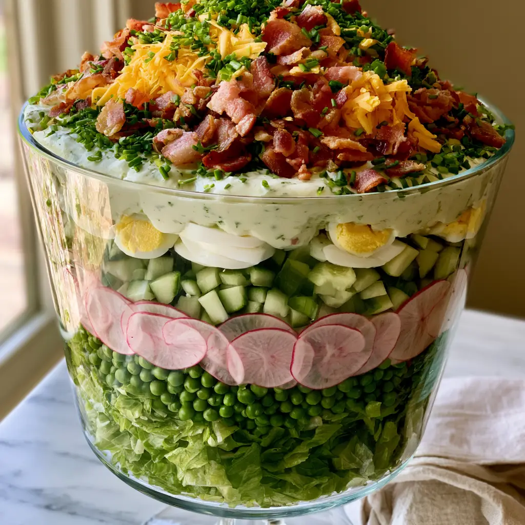 Layered Spring Salad: A Vibrant 7-Layer Trifle Bowl Masterpiece 1 Top view of Layered Spring Salad with shredded cheddar, crispy bacon, and fresh chives.