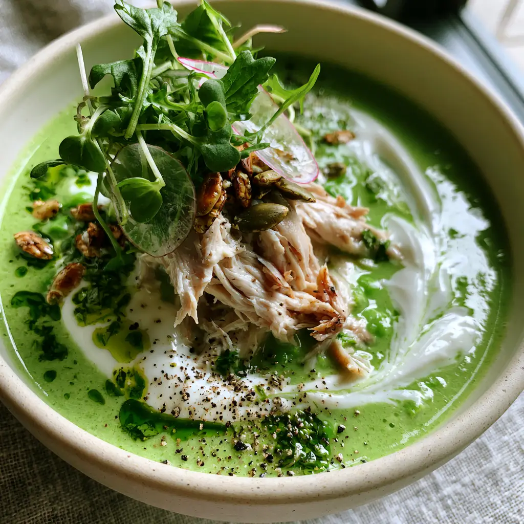 A shallow matte cream bowl filled with vibrant green soup, topped with micro-arugula and shredded rotisserie chicken.