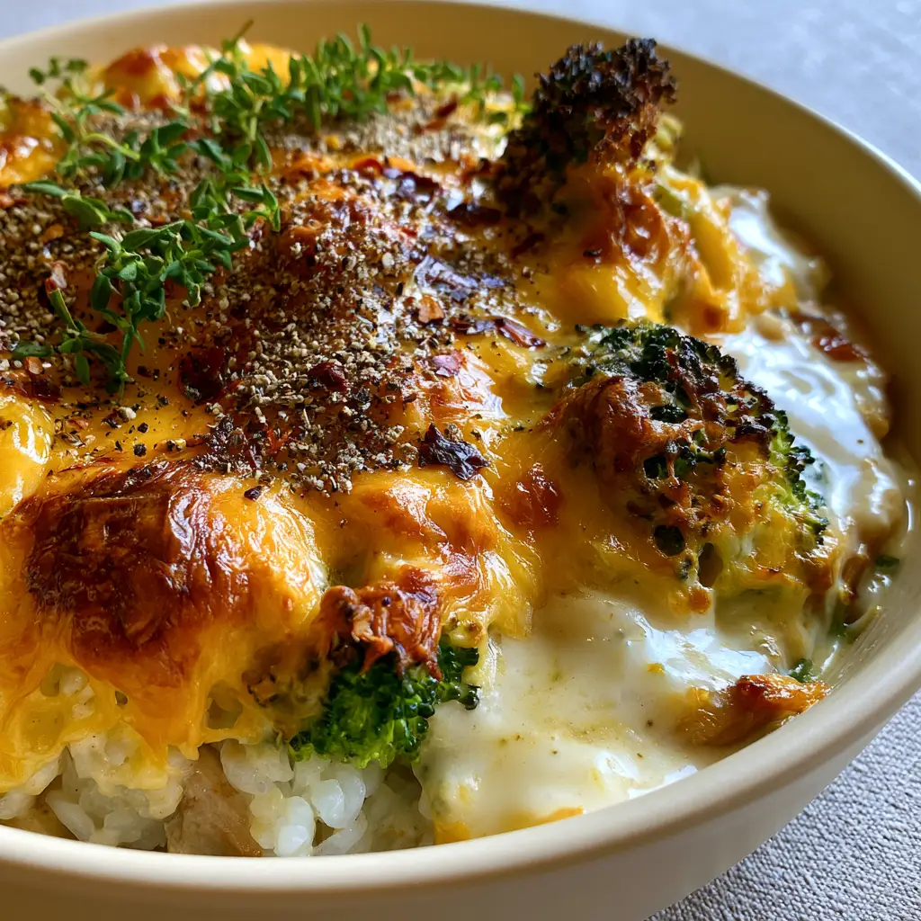 Top-down view of Leftover Turkey Broccoli Casserole with fresh thyme, red pepper flakes, and charred broccoli tips.