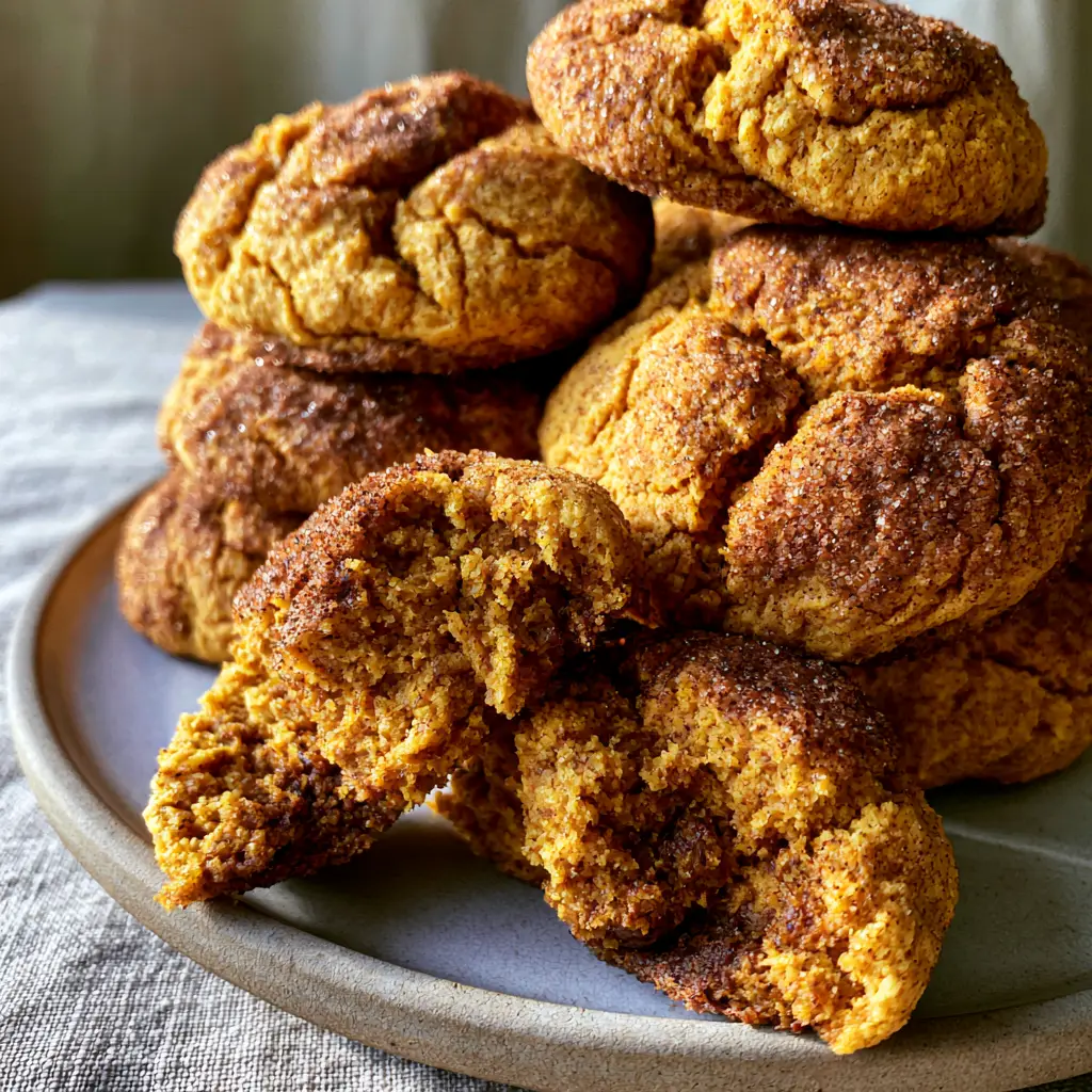 Pumpkin Snickerdoodle Cookies: The Thickest, Fudgiest Recipe 2 Macro shot of Pumpkin Snickerdoodle Cookies showing the thick sparkling cinnamon sugar crust and golden-orange interior.