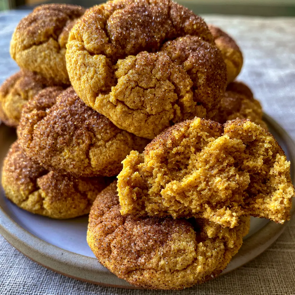 Pumpkin Snickerdoodle Cookies: The Thickest, Fudgiest Recipe 1 A Pumpkin Snickerdoodle Cookie broken in half to reveal a dense, moist, and fudgy orange center on a neutral linen background.
