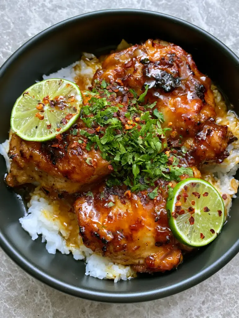 Spicy Honey Lime Chicken Thighs with Fluffy Coconut Rice 1 Close-up of charred chicken skin coated in sticky honey lime sauce with fresh cilantro and lime wheels.