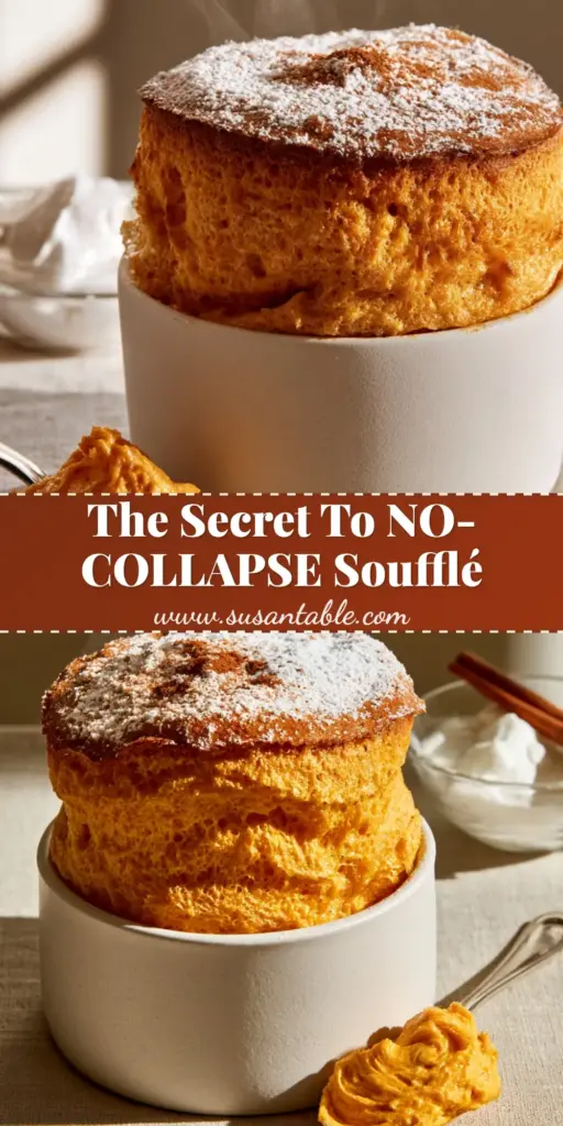 Pumpkin Soufflé: The Ultimate Guide to a Sky-High Autumn Dessert 4 A tall pumpkin soufflé with a dusting of confectioners sugar rising 2 inches above a matte white ramekin. (pumpkin soufflé)