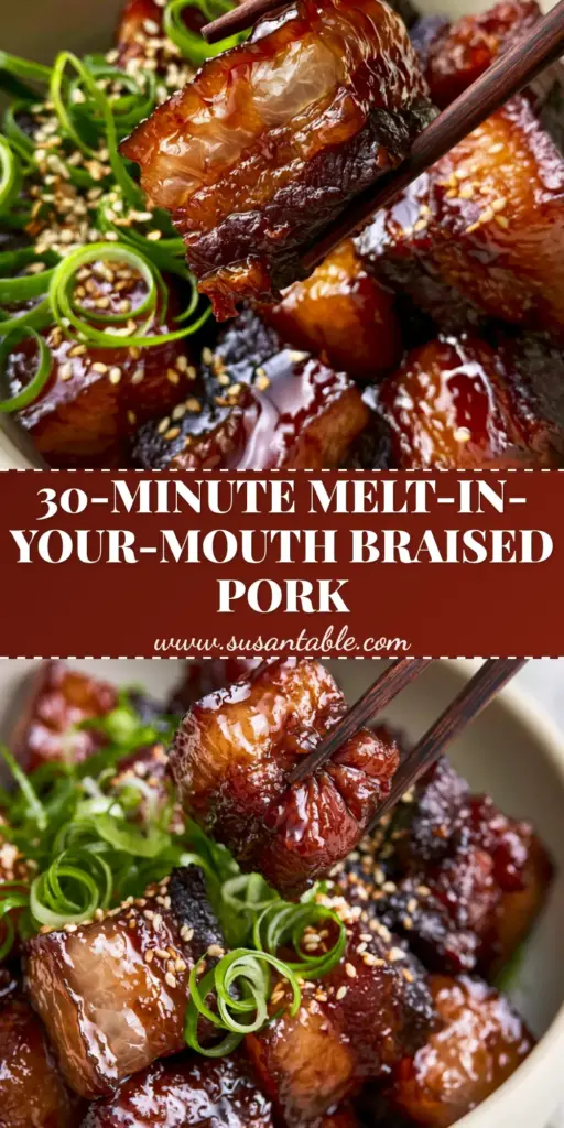 Instant Pot Chinese Braised Pork (Hong Shao Rou) 3 A pair of chopsticks picking up a succulent cube of Instant Pot Chinese Braised Pork showing the mahogany glaze and translucent fat layers.