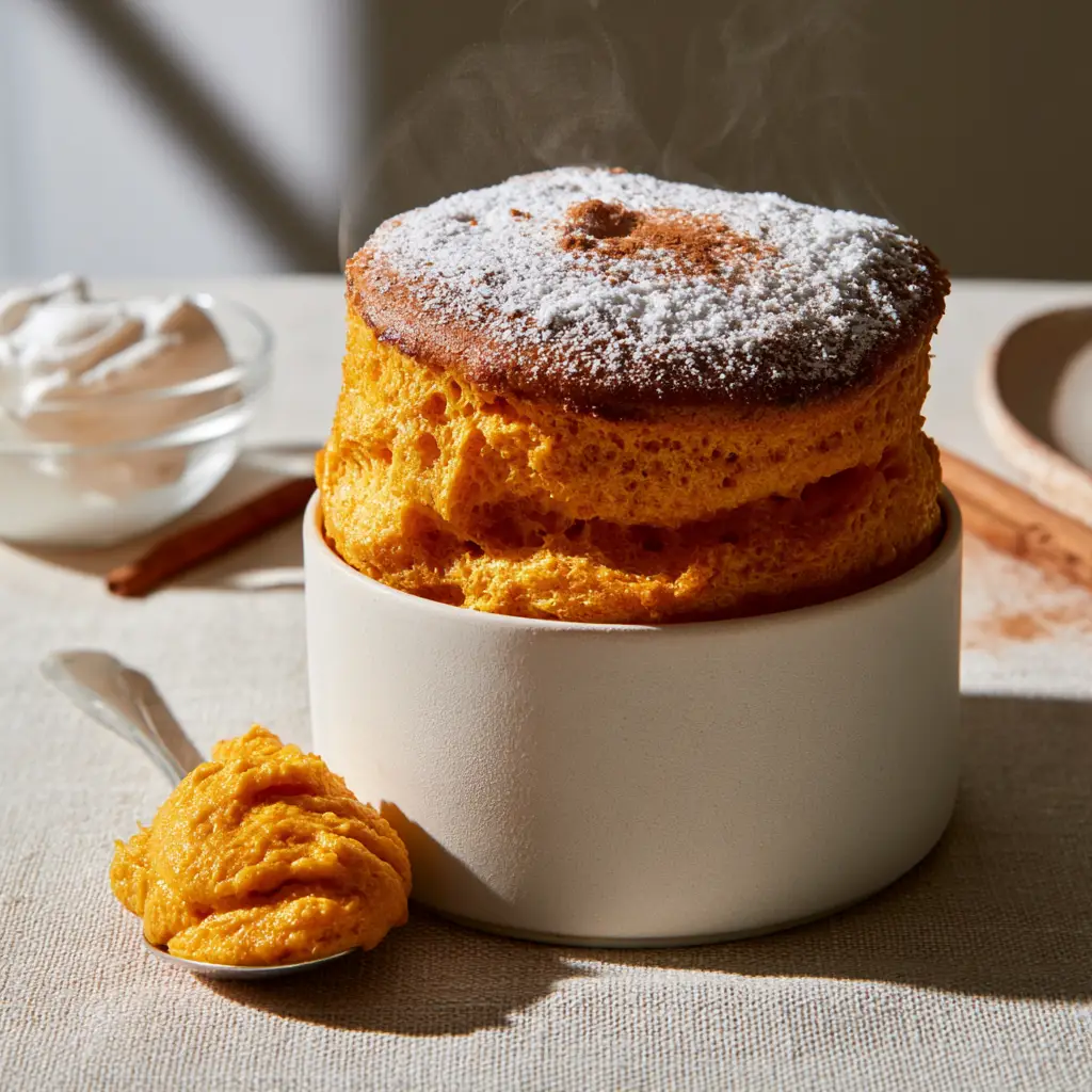 Pumpkin Soufflé: The Ultimate Guide to a Sky-High Autumn Dessert 2 Close up of a pumpkin soufflé with steam rising and a silver spoon scoop. (pumpkin soufflé)