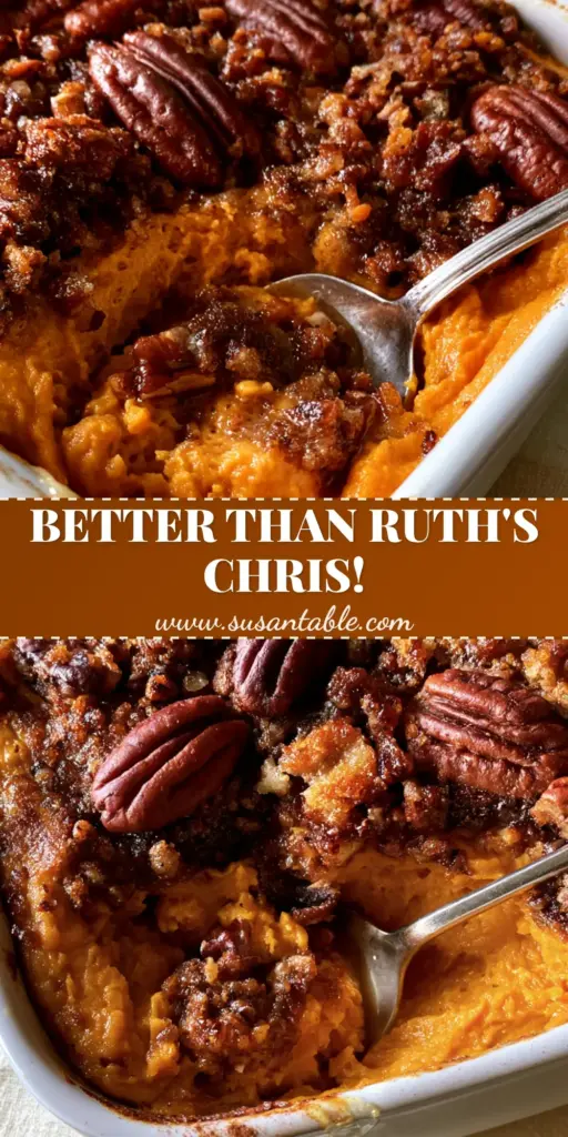 Sweet potato souffle with Toasted Pecan Streusel 3 A close-up shot of Sweet potato souffle in a white ceramic dish with toasted pecans and a silver spoon.