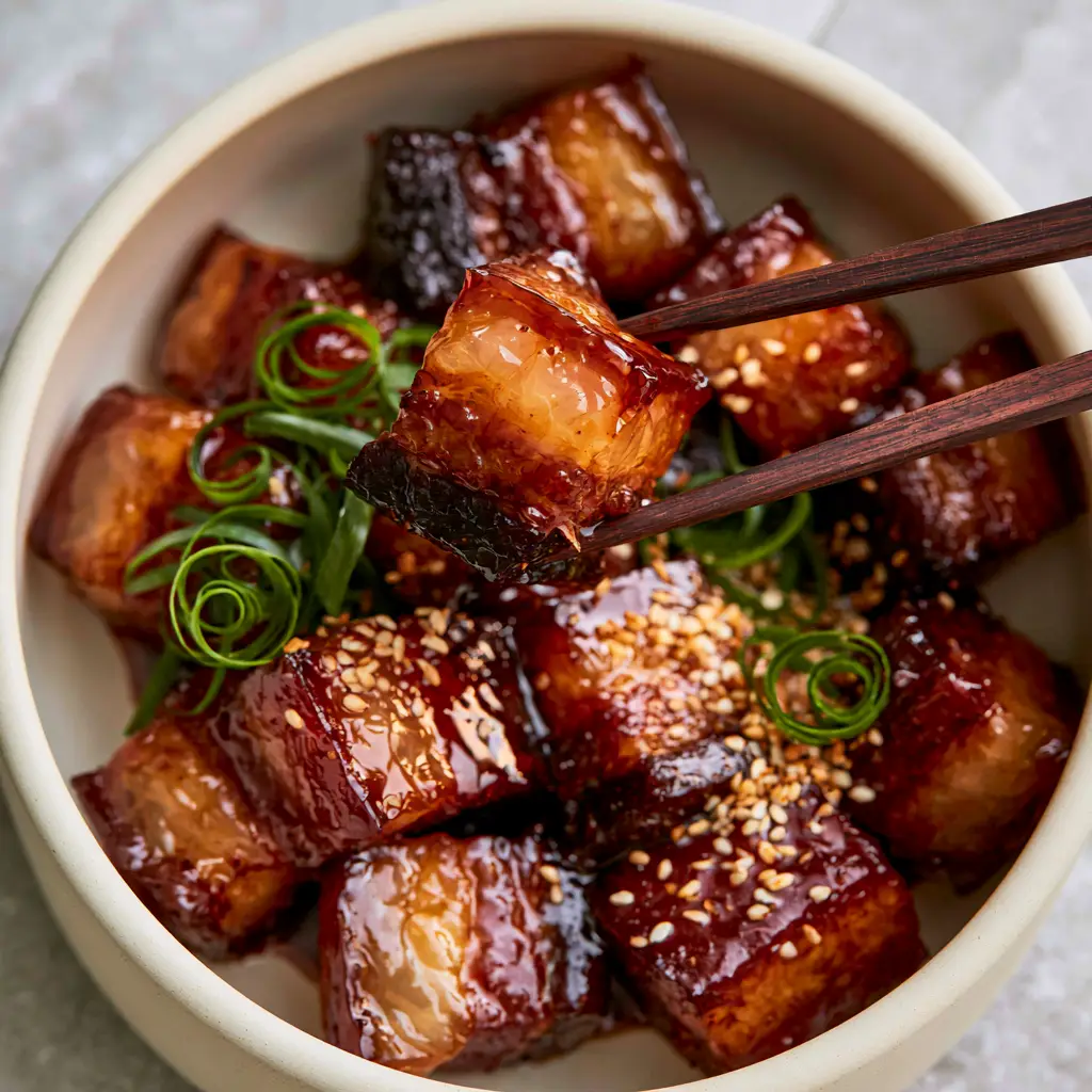 Instant Pot Chinese Braised Pork (Hong Shao Rou) 2 Extreme macro close-up of Instant Pot Chinese Braised Pork cubes with thick mahogany soy glaze and sesame seed garnish.