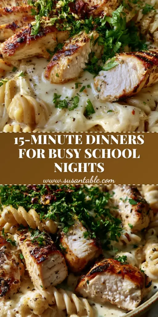 A top-down view of creamy garlic chicken fusilli in a white bowl, a perfect example of back to school dinner ideas.