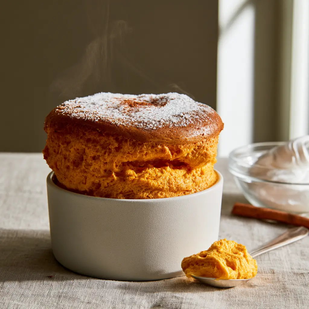 Pumpkin Soufflé: The Ultimate Guide to a Sky-High Autumn Dessert 1 Side view of two majestic pumpkin soufflés in white ceramic ramekins.