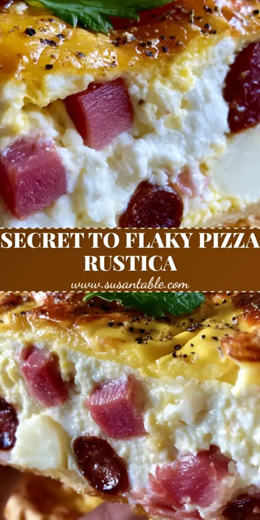A thick slice of Pizza rustica showing the dense ricotta filling with cubed prosciutto, salami, and basket cheese in a flaky golden crust.