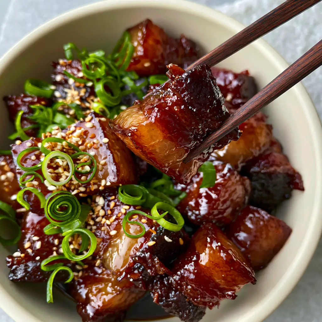 Instant Pot Chinese Braised Pork (Hong Shao Rou) 1 Overhead view of Instant Pot Chinese Braised Pork in a cream ceramic bowl with scallion curls.