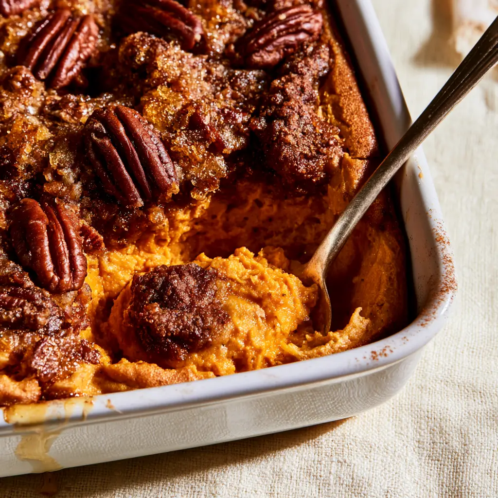 Sweet potato souffle with Toasted Pecan Streusel 2 Macro photo of deep golden-orange Sweet potato souffle showing velvety whipped interior texture.