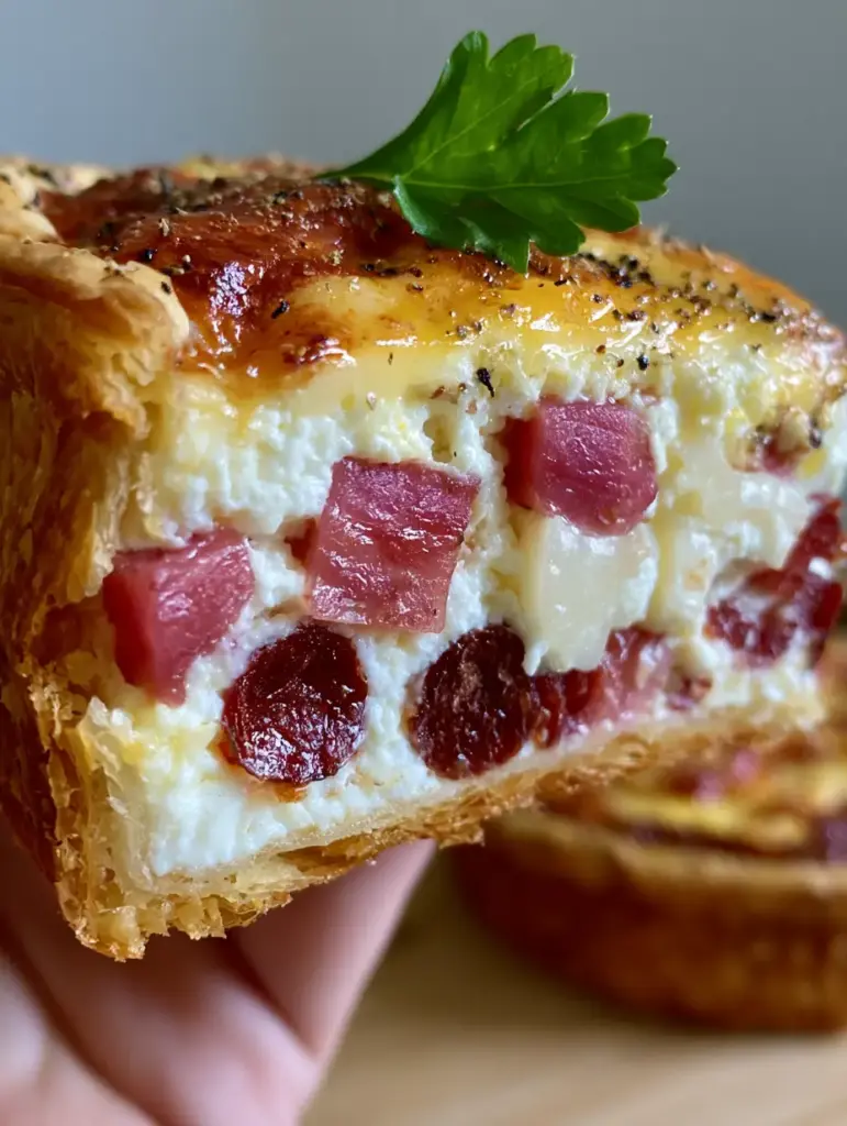 Handheld photo of a Pizza rustica slice showcasing the shiny egg-wash glaze and vibrant pink prosciutto cubes.