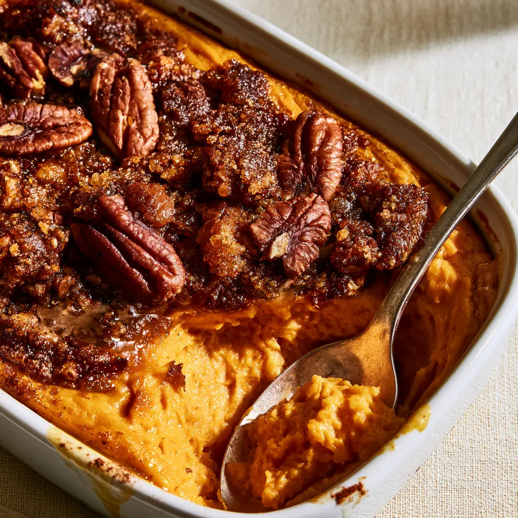 Sweet potato souffle with Toasted Pecan Streusel 1 Toasted pecan streusel topping on a Sweet potato souffle with caramelized sugar crumbles.