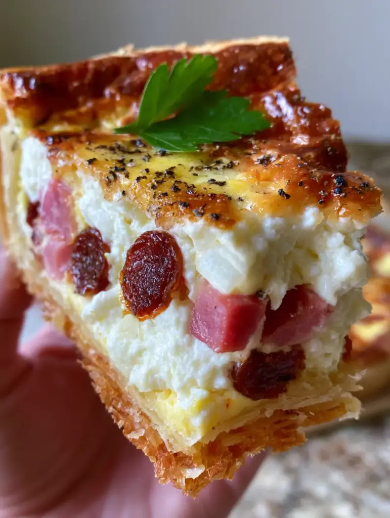 Close up of the firm egg-set custard filling inside a Pizza rustica with cracked black pepper and melted mozzarella pockets.