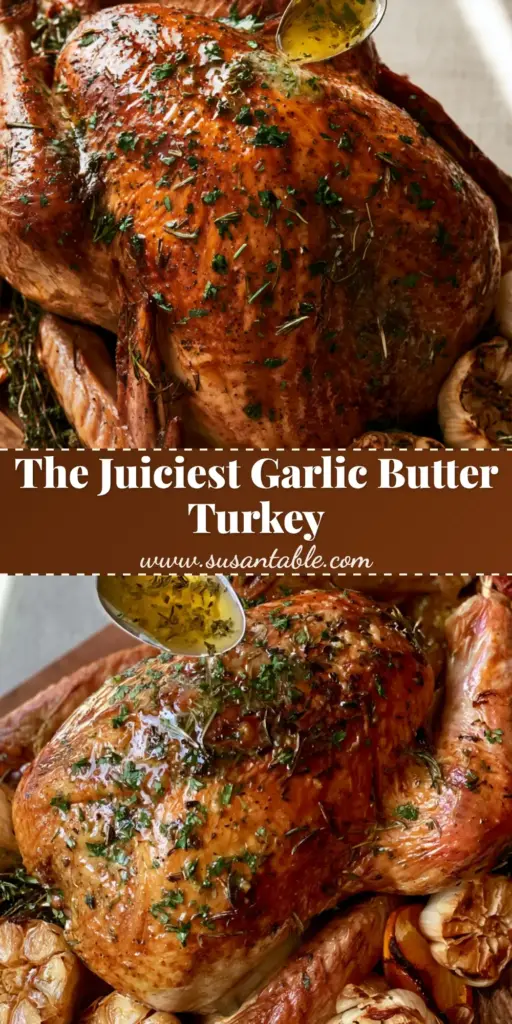 Overhead view of a garlic butter roasted turkey on a wooden board garnished with roasted garlic and scorched oranges.