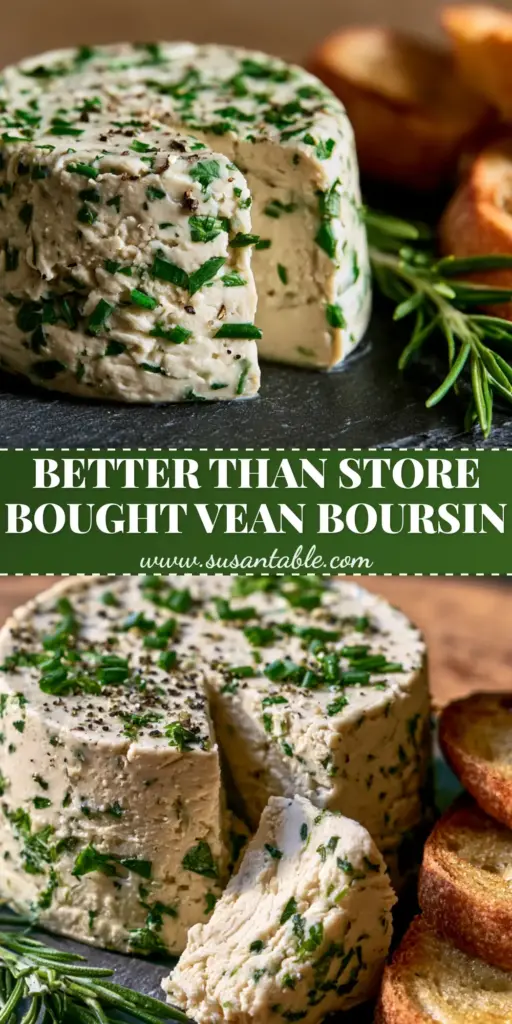 Vegan Cashew Boursin Cheese: The Ultimate Garlic & Herb Spread 3 A rustic round block of vegan cashew boursin cheese on dark slate, showing a crumbly texture and green herbs, served with sourdough and rosemary.