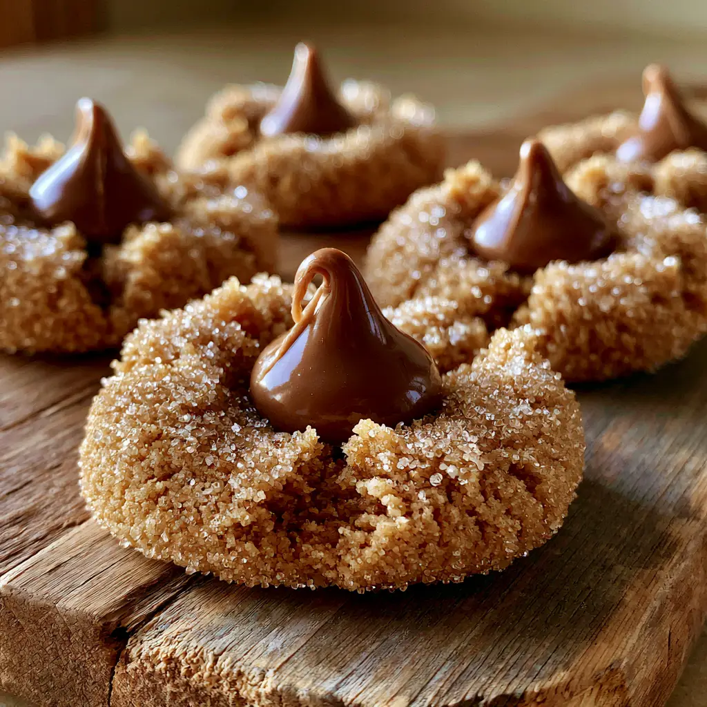 Peanut butter blossoms: The Ultimate Soft and Chewy Recipe 1 Close up of a batch of Peanut butter blossoms on a warm, cozy wooden background with soft natural lighting.