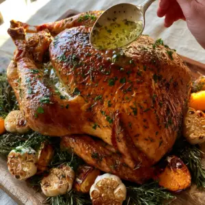 Close-up of golden brown garlic butter roasted turkey skin with fresh rosemary and thyme needles.
