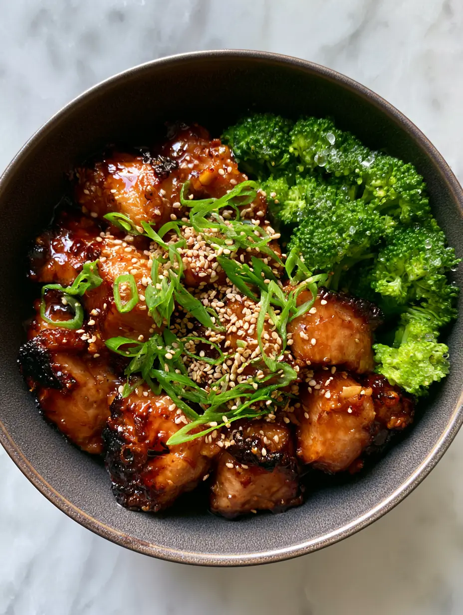 Paleo Chicken Teriyaki with Sticky Ginger-Garlic Glaze 3 Top-down view of charred chicken chunks in a dark amber translucent sauce with visible ginger bits and scallions. (Paleo Chicken Teriyaki)