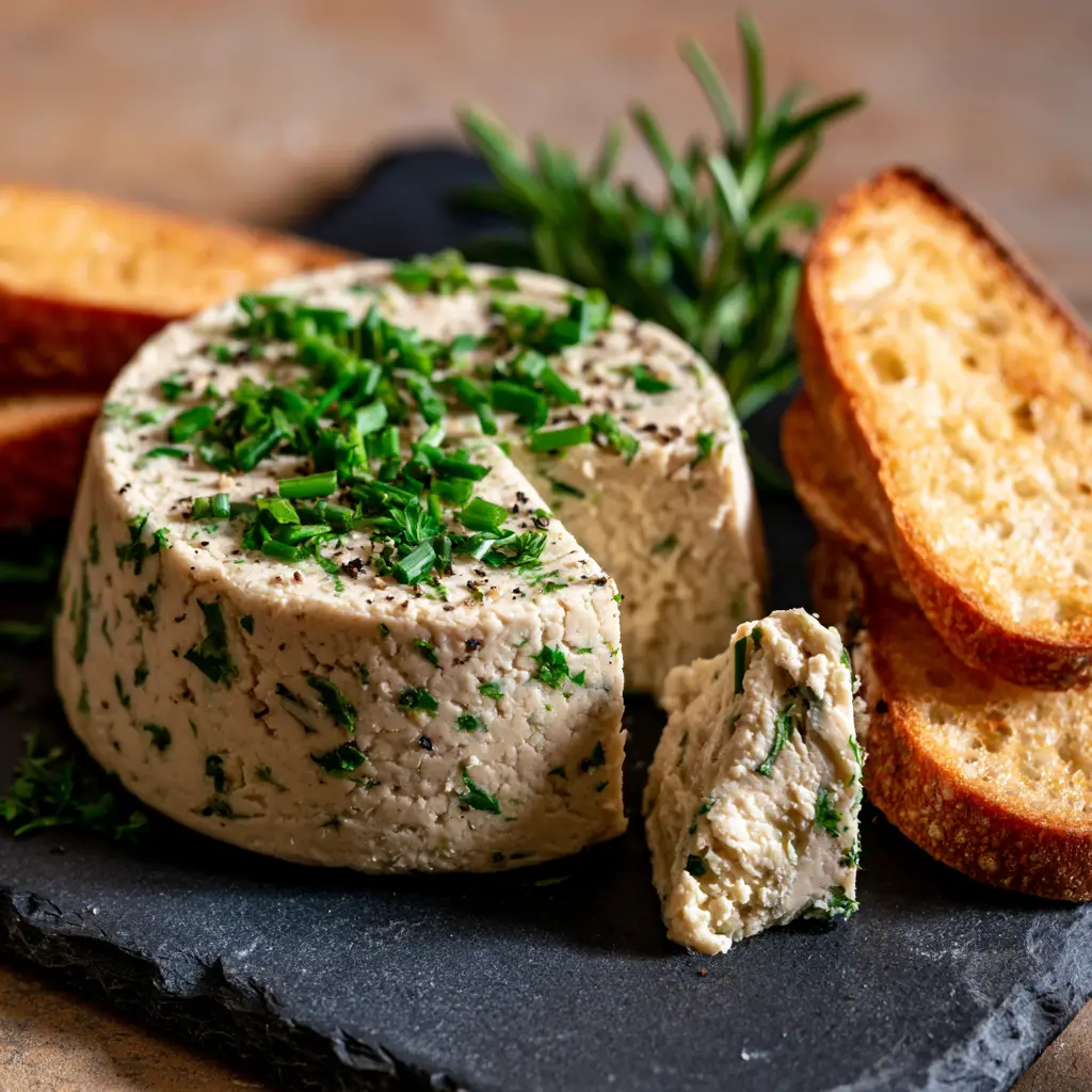Macro close-up of vegan cashew boursin cheese showing flecks of chives, parsley, and cracked black pepper.