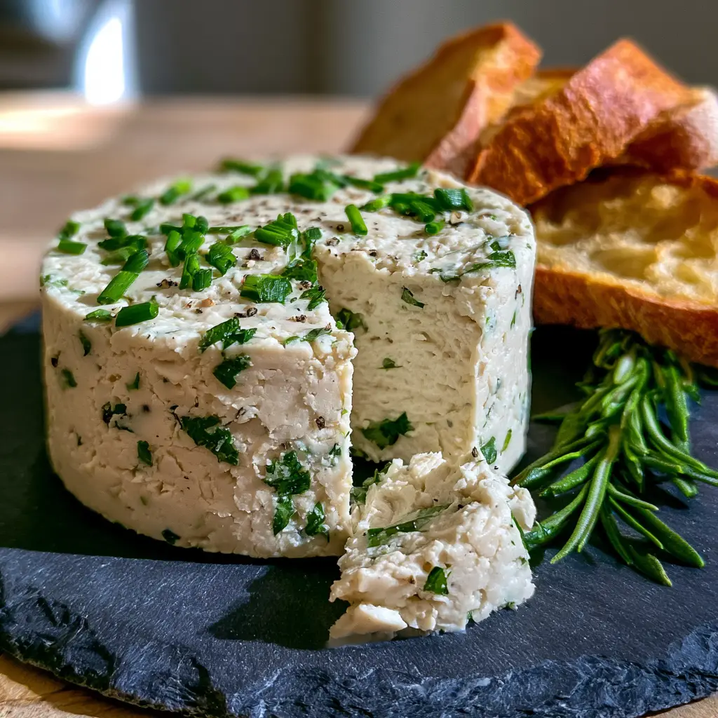 Vegan Cashew Boursin Cheese: The Ultimate Garlic & Herb Spread 1 A wedge cut out of a block of vegan cashew boursin cheese, revealing a dense and buttery interior next to toasted sourdough.