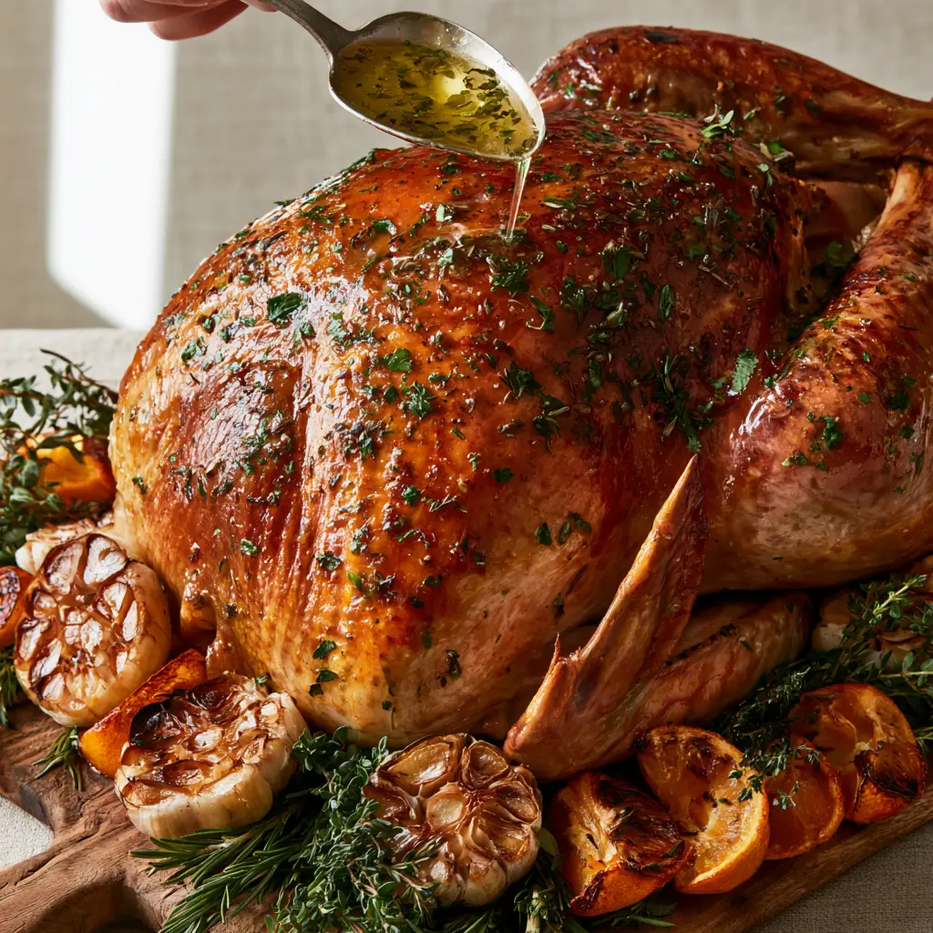 A silver spoon pouring herb-flecked golden butter drippings over a garlic butter roasted turkey breast.