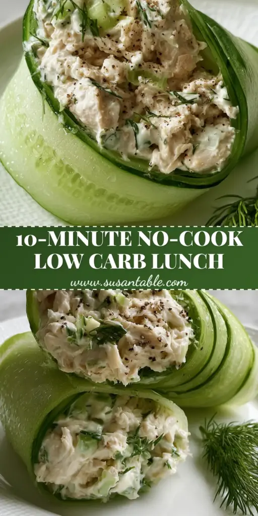 A close-up Pinterest-optimized view of Chicken Salad Cucumber Rolls with translucent skins and fresh dill garnishes on a white plate.