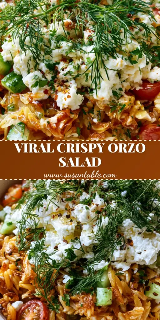 Crispy Pasta Salad with Lemon, Feta, and Air-Fried Orzo 3 A vibrant Crispy Pasta Salad with golden-brown air-fried orzo, crumbled feta, and fresh herbs in a white bowl. (Crispy Pasta Salad)