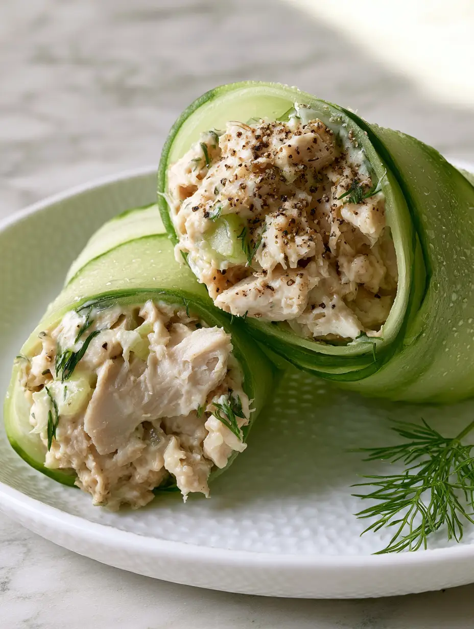 Macro shot of a sliced Chicken Salad Cucumber Roll revealing a dense creamy interior with shredded chicken and dill.