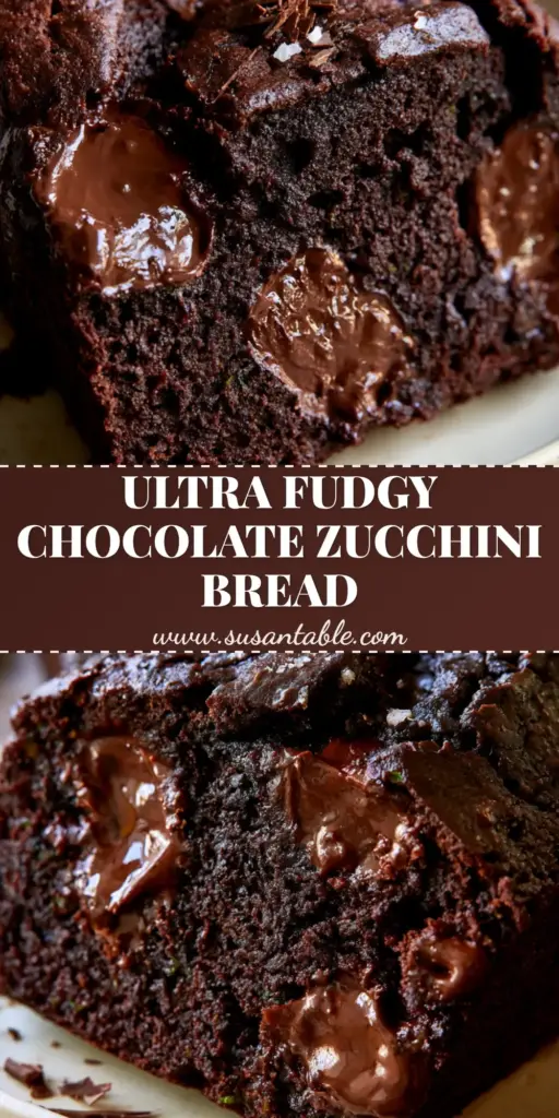 Chocolate Zucchini Bread with Melted Chunks and Flaky Sea Salt 4 A thick slice of decadent chocolate zucchini bread with melted semi-sweet chocolate chunks and flaky sea salt on a ceramic plate.