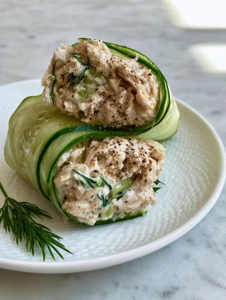 Eye-level shot of multiple Chicken Salad Cucumber Rolls with water droplets on the skin and a dusting of smoked paprika.