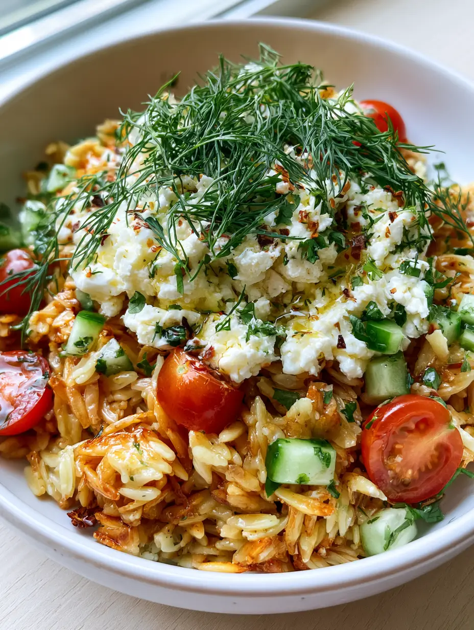 Crispy Pasta Salad with Lemon, Feta, and Air-Fried Orzo 4 Extreme close-up of crispy air-fried orzo pasta with toasted edges in a Crispy Pasta Salad.