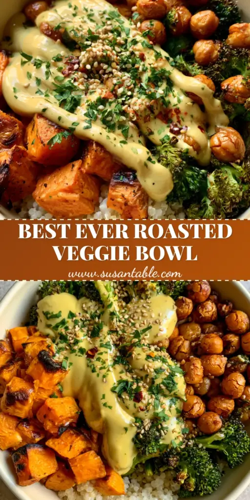 Roasted Vegetable & Chickpea Bowl with Creamy Lemon Tahini 3 A vibrant Roasted Vegetable & Chickpea Bowl featuring caramelized sweet potatoes, charred broccoli, and crispy chickpeas over fluffy quinoa with a tahini drizzle.