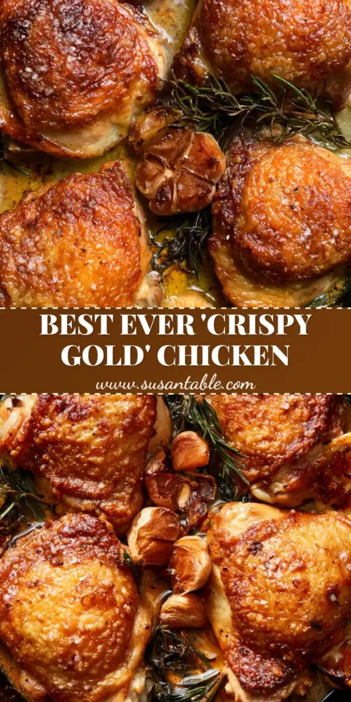 Chicken Thighs with Shatter-Crisp Skin, Rosemary, and Caramelized Garlic 3 A professional top-down shot of four golden-brown crispy chicken thighs in a cast iron skillet with charred lemons and rosemary.