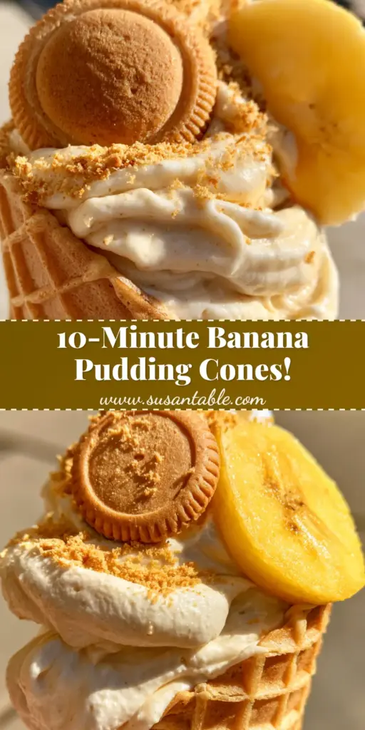 A handheld banana pudding cheesecake cone topped with a whole vanilla wafer, a fresh banana slice, and a dollop of whipped cream against a soft patio background.