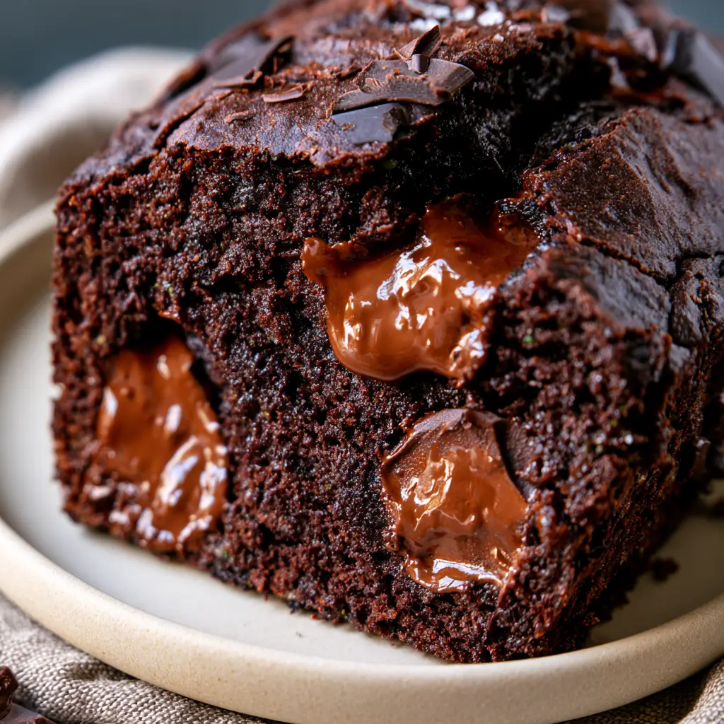 Chocolate Zucchini Bread with Melted Chunks and Flaky Sea Salt 1 Overhead view of double chocolate zucchini bread with a rustic cracked top crust and pools of semi-sweet chocolate chunks.