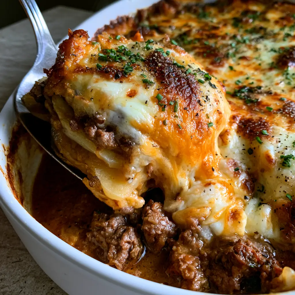 Close up of sizzling browned ground beef crumbles and tender Yukon Gold potatoes in a hamburger potato casserole.